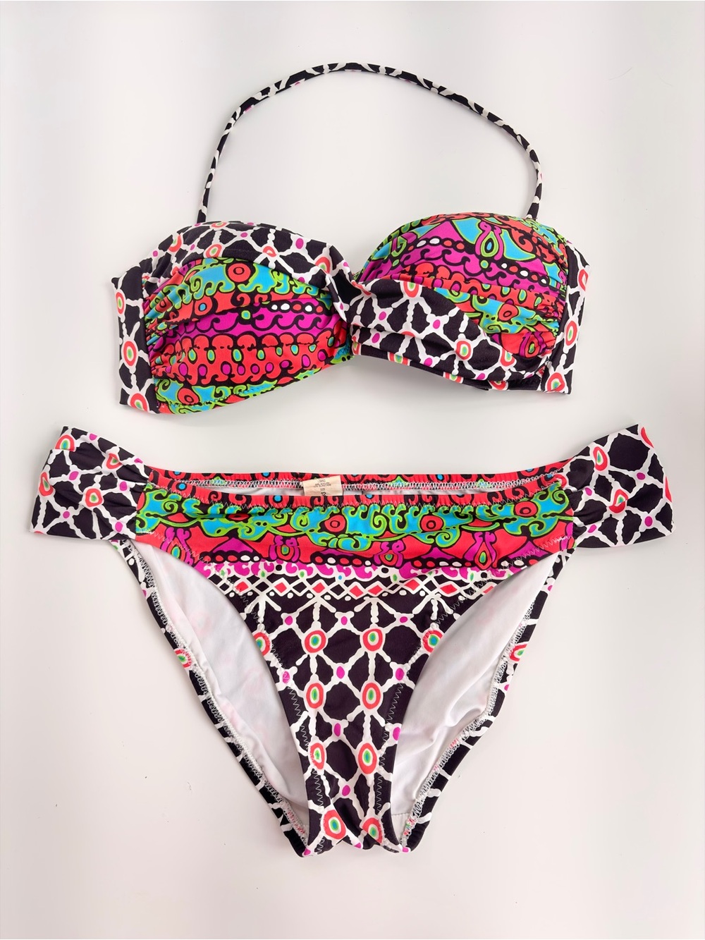 Trina Turk Colorful Printed Bandeau Bikini Pink Green & Black Top Sz 8 Bottom 12